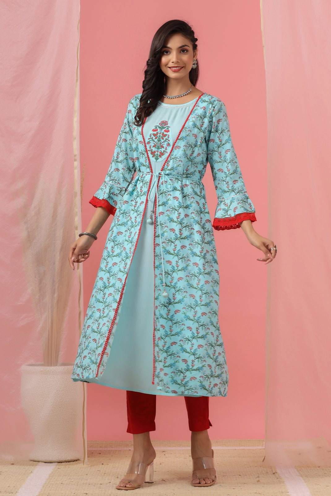 Women`s Skyblue Rayon Embroidered & Printed Flared Dress