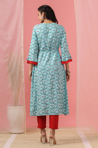 Women`s Skyblue Rayon Embroidered & Printed Flared Dress