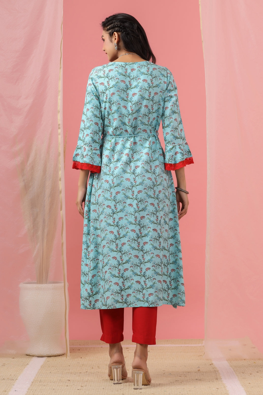 Women`s Skyblue Rayon Embroidered & Printed Flared Dress