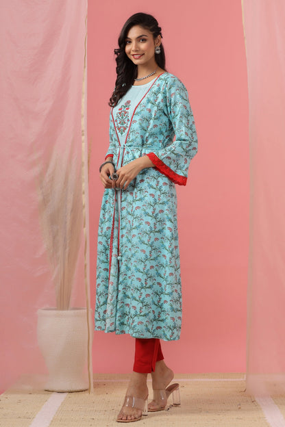 Women`s Skyblue Rayon Embroidered & Printed Flared Dress