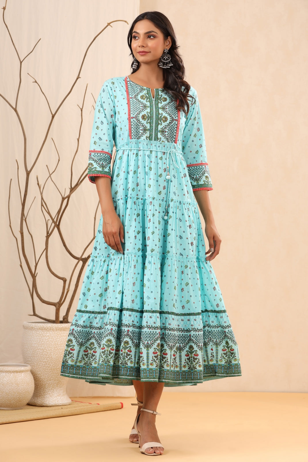Women`s Skyblue Cambric Printed Tiered Dress