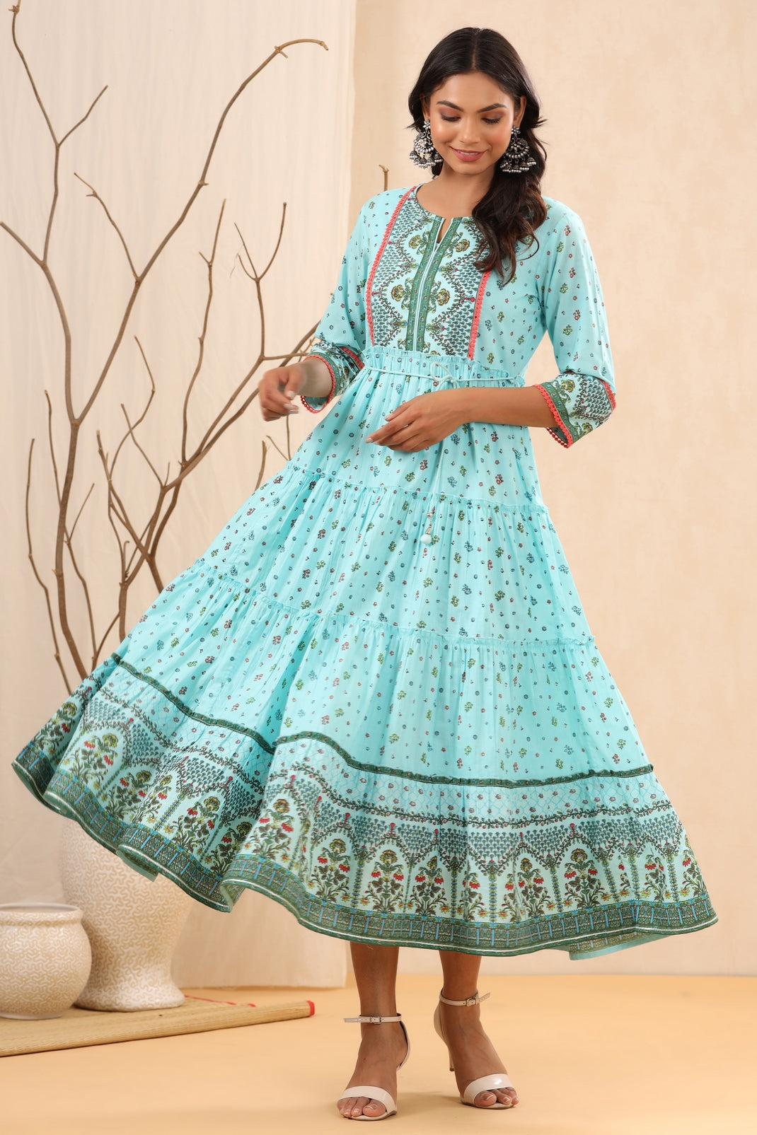 Women`s Skyblue Cambric Printed Tiered Dress