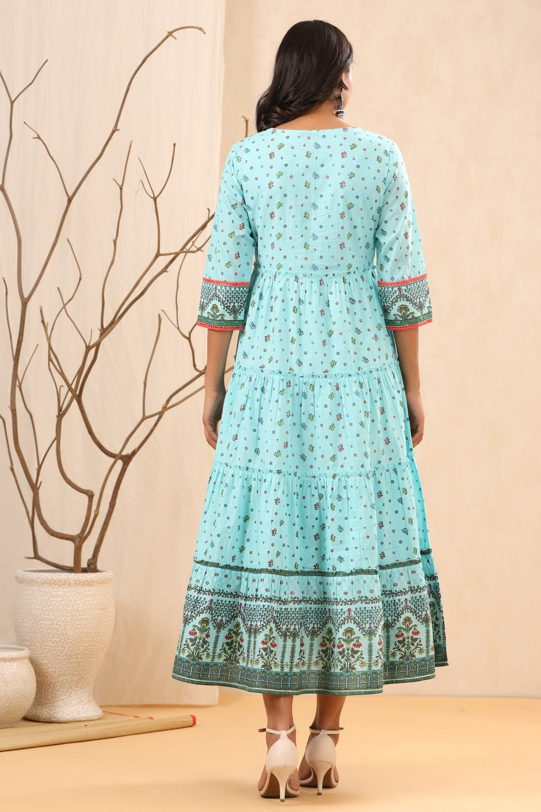 Women`s Skyblue Cambric Printed Tiered Dress