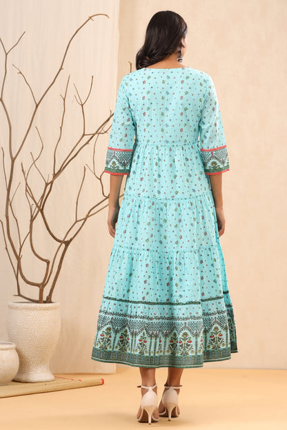 Women`s Skyblue Cambric Printed Tiered Dress