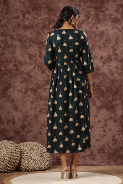 Women`s Jadegreen Rayon Printed Flared Dress
