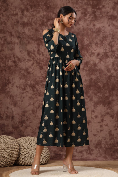 Women`s Jadegreen Rayon Printed Flared Dress
