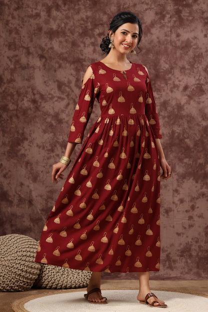 Women`s Maroon Rayon Printed Flared Dress