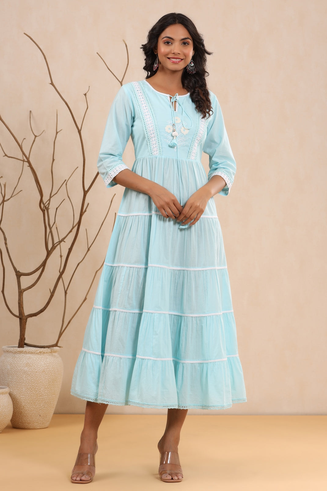 Women`s Skyblue Cambric Solid Tiered Dress