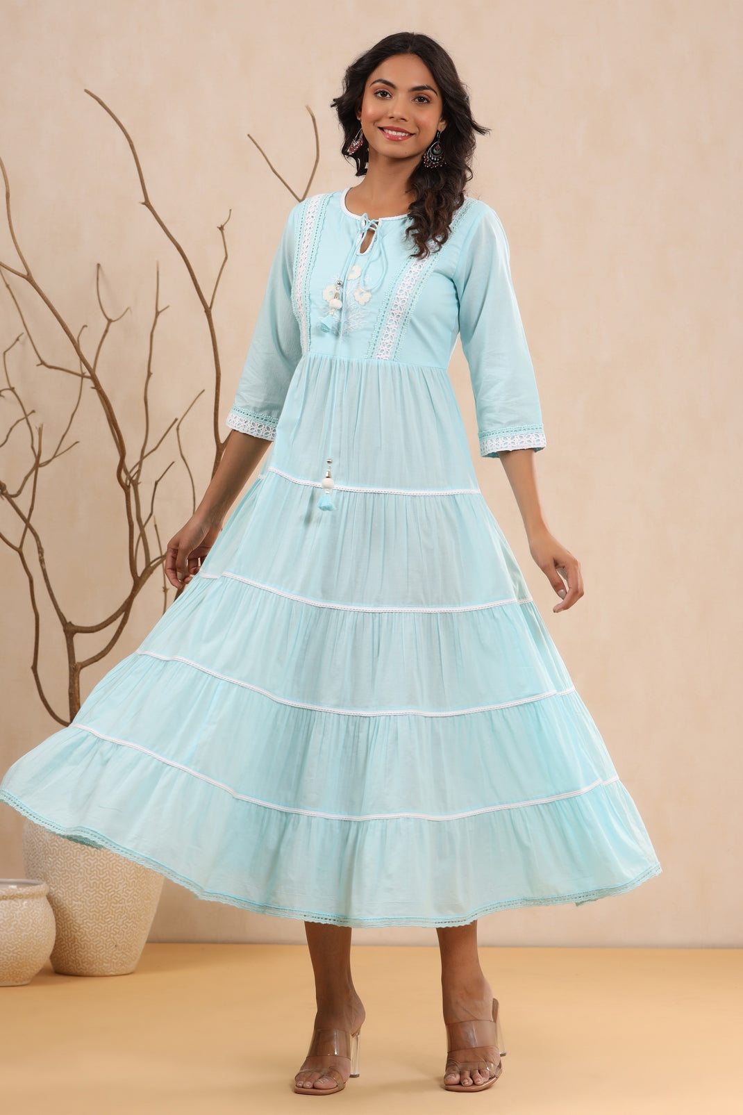 Women`s Skyblue Cambric Solid Tiered Dress