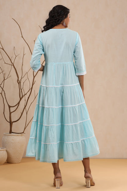 Women`s Skyblue Cambric Solid Tiered Dress