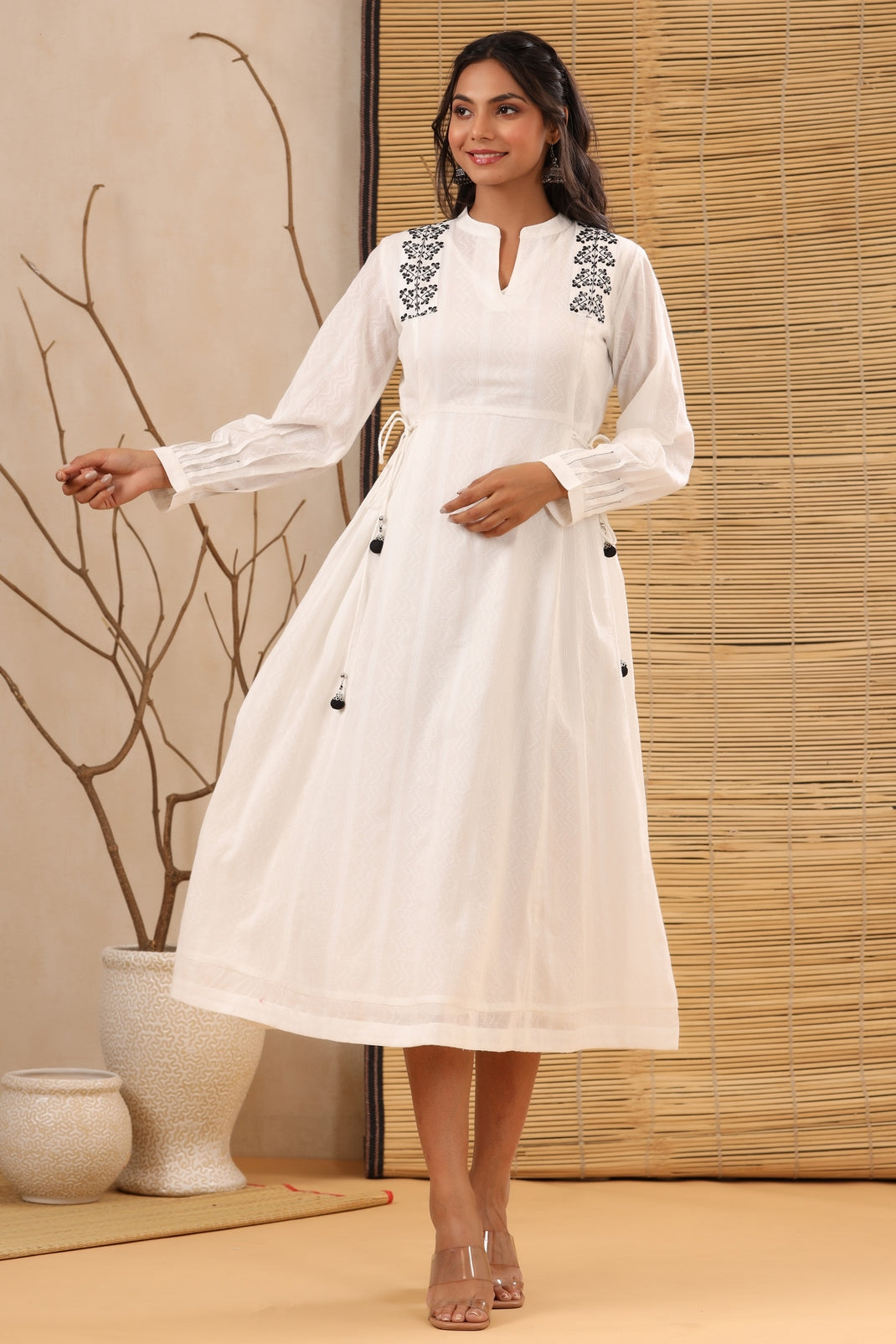 Women`s White Cotton Dobby Embroidered Flared Dress