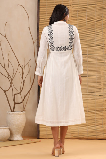 Women`s White Cotton Dobby Embroidered Flared Dress
