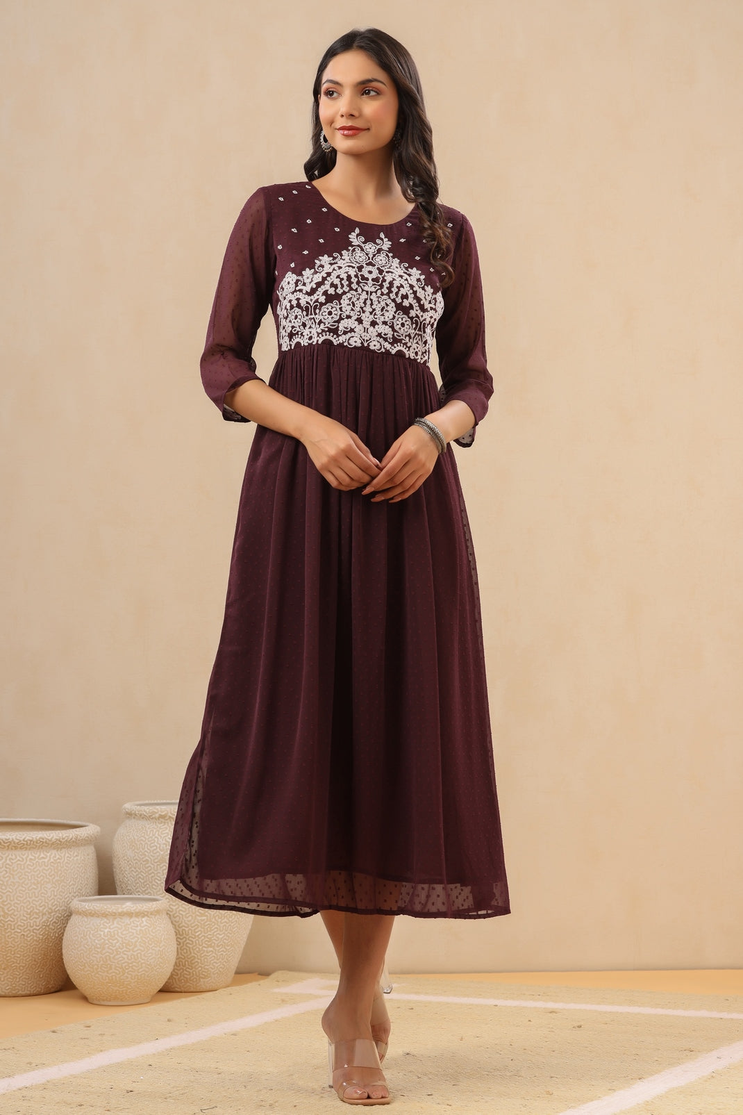 Women`s Purple Cambric Solid Flared Dress