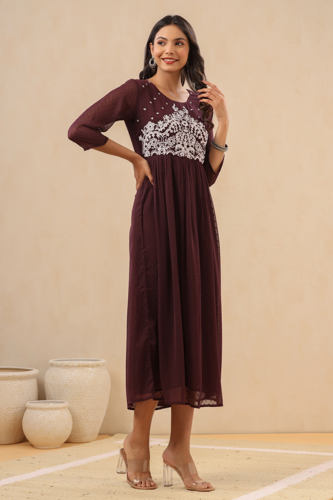 Women`s Purple Cambric Solid Flared Dress