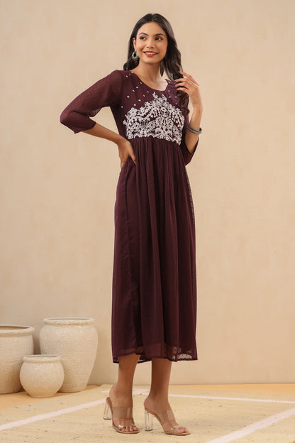 Women`s Purple Cambric Solid Flared Dress