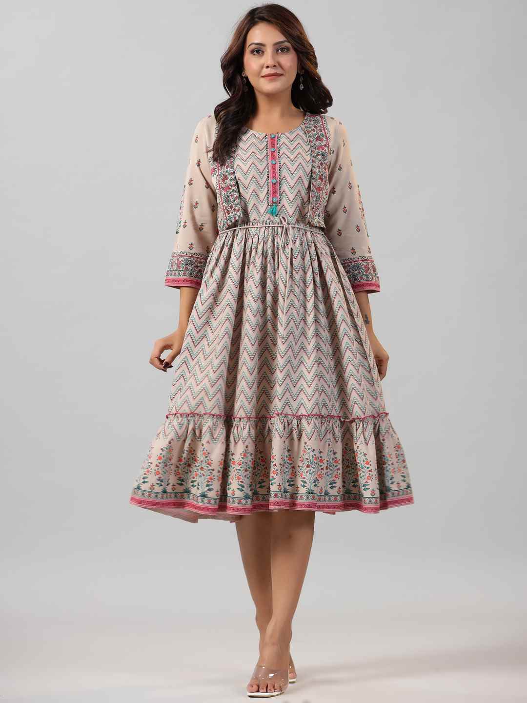 Beige Rayon Printed Jacket Style Midi Dress