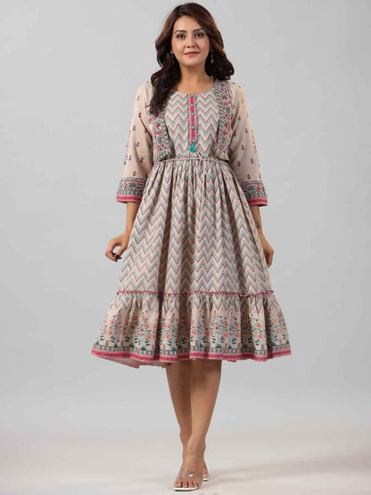 Beige Rayon Printed Jacket Style Midi Dress