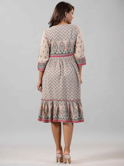 Beige Rayon Printed Jacket Style Midi Dress