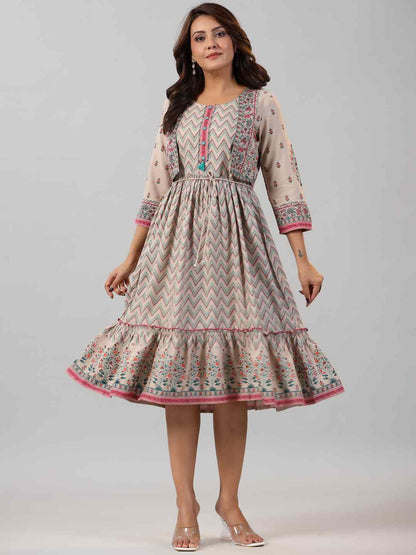 Beige Rayon Printed Jacket Style Midi Dress