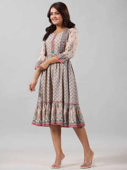 Beige Rayon Printed Jacket Style Midi Dress