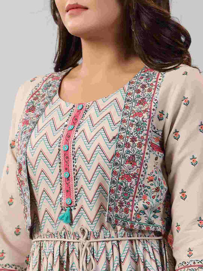 Beige Rayon Printed Jacket Style Midi Dress
