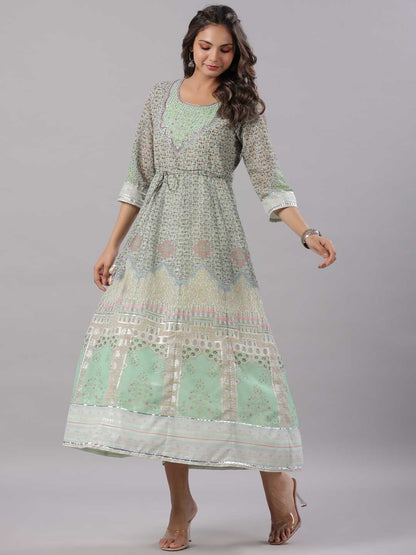 Green Georgette Printed Maxi Dress