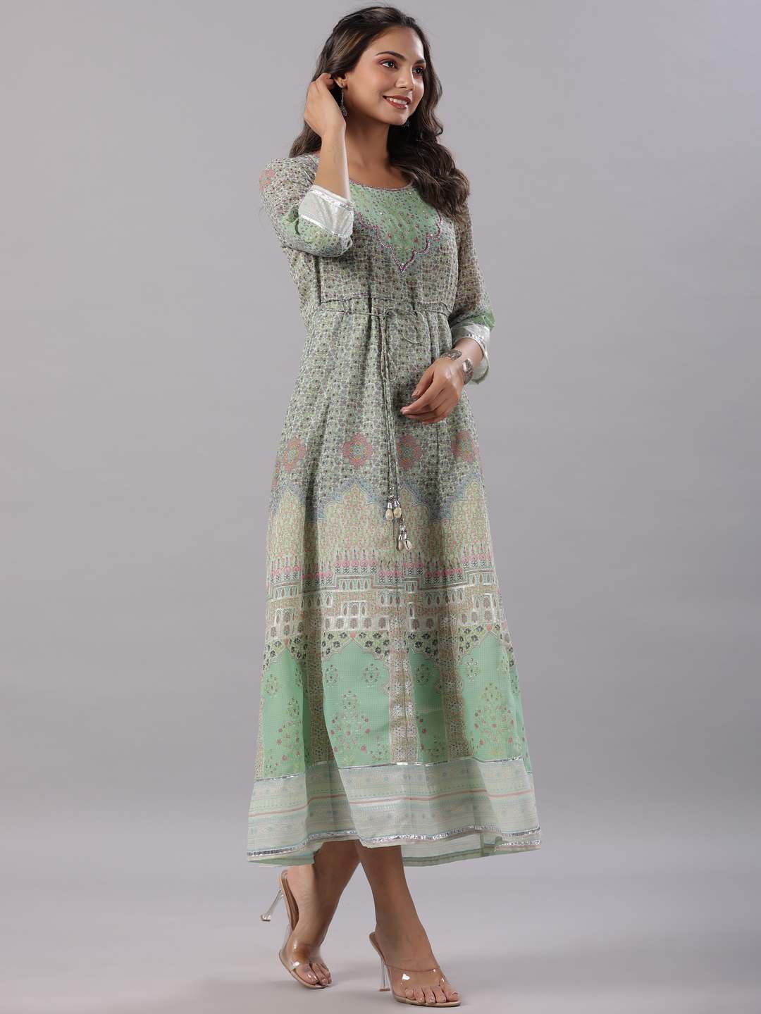 Green Georgette Printed Maxi Dress