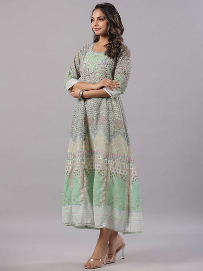 Green Georgette Printed Maxi Dress