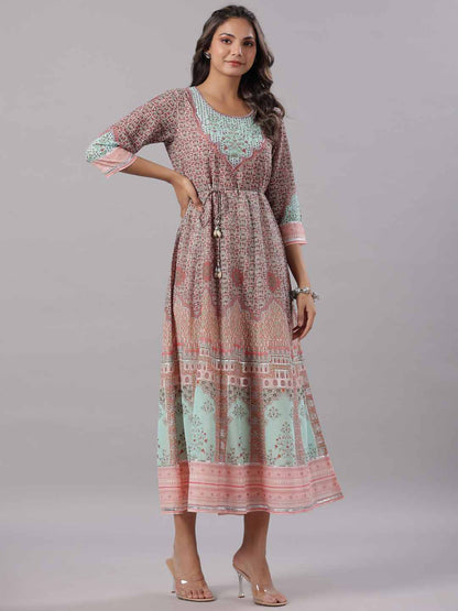 Peach Georgette Printed Maxi Dress