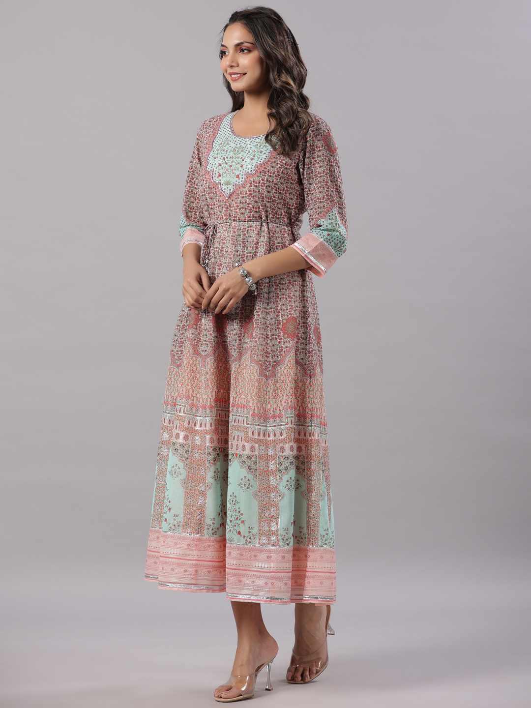 Peach Georgette Printed Maxi Dress