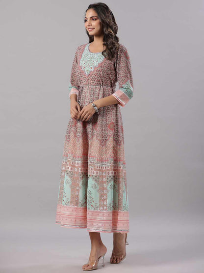 Peach Georgette Printed Maxi Dress