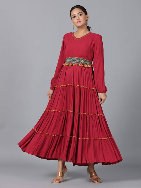 Maroon Rayon Crepe Tiered Maxi Dress