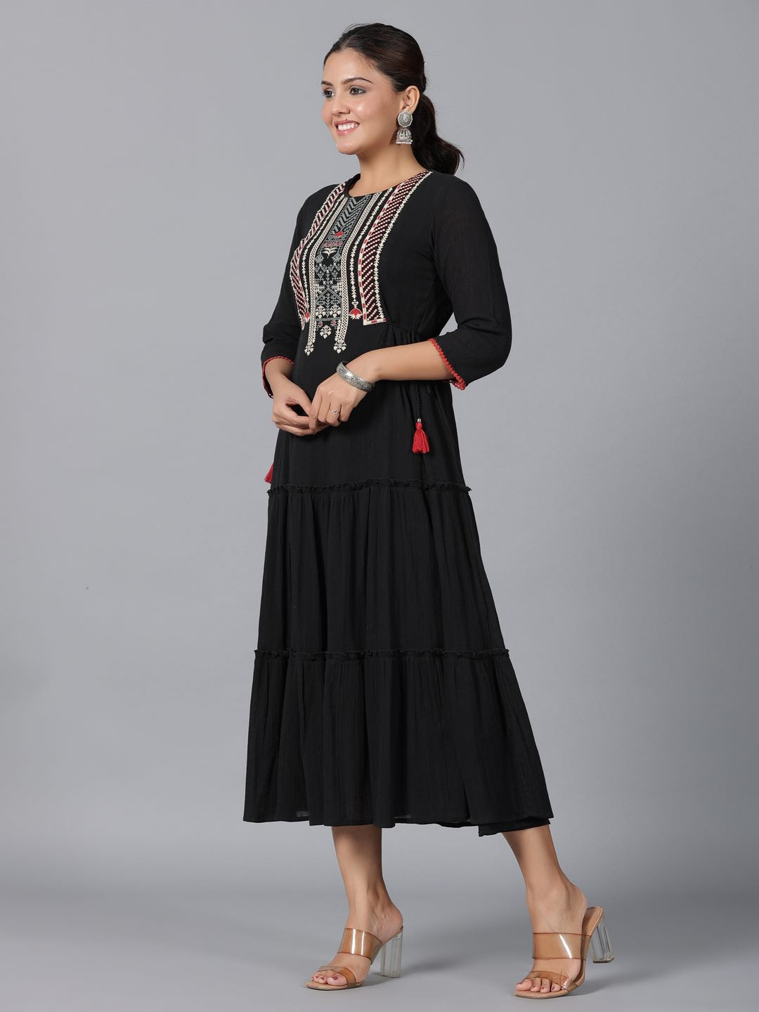 Black Cotton Crepe Embroidered Tiered Maxi Dress