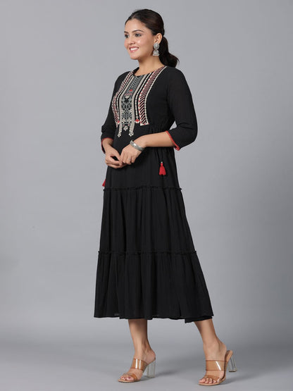 Black Cotton Crepe Embroidered Tiered Maxi Dress