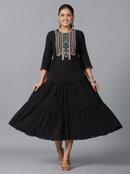 Black Cotton Crepe Embroidered Tiered Maxi Dress