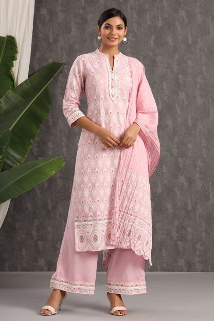 Pink Rayon Printed Straight Kurta Palazzo Dupatta Set