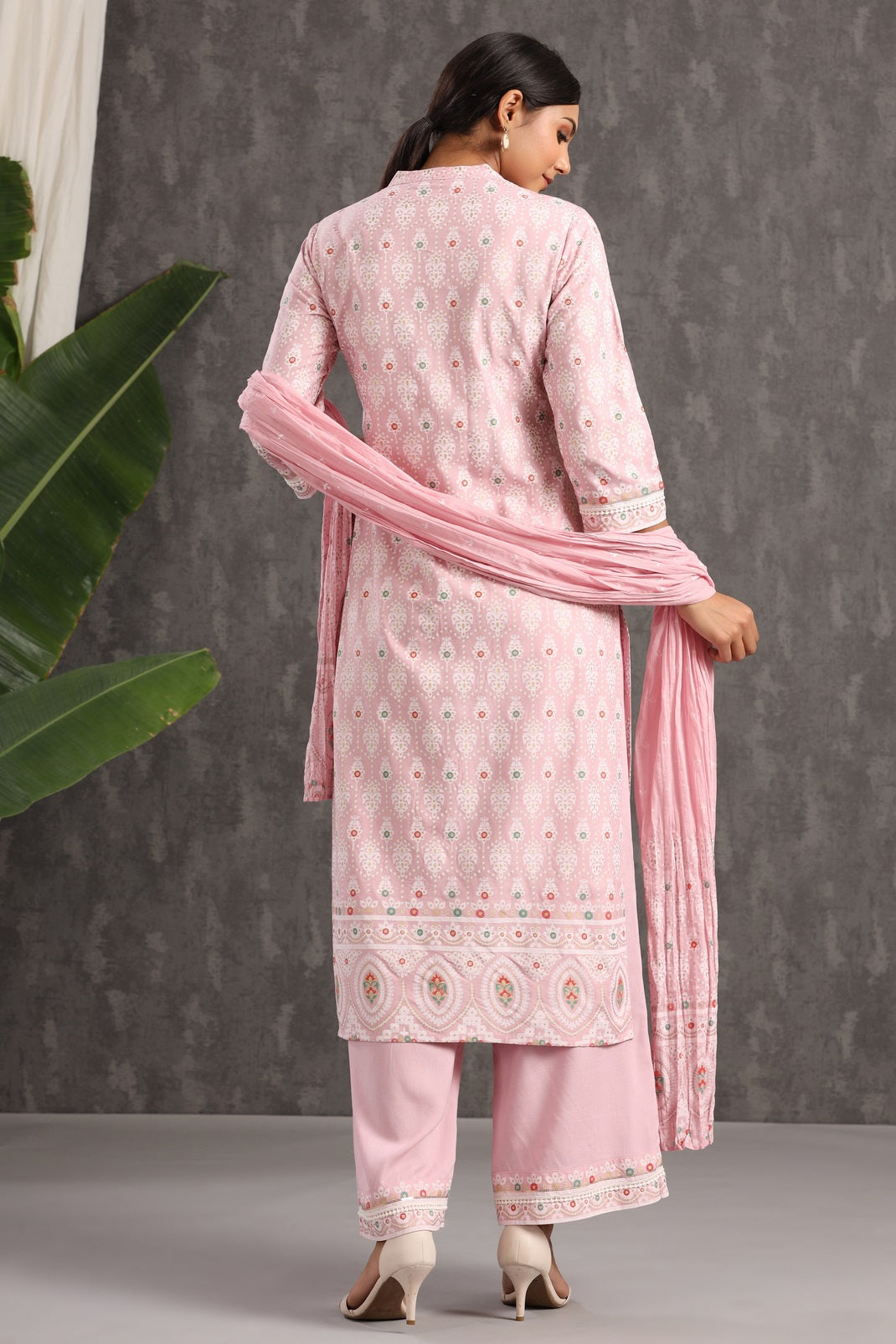 Pink Rayon Printed Straight Kurta Palazzo Dupatta Set
