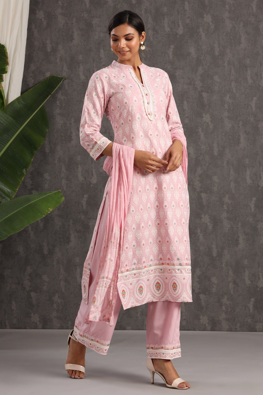 Pink Rayon Printed Straight Kurta Palazzo Dupatta Set