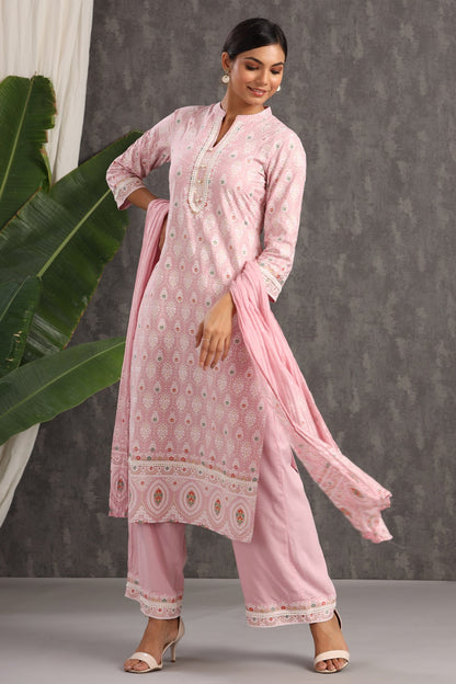 Pink Rayon Printed Straight Kurta Palazzo Dupatta Set