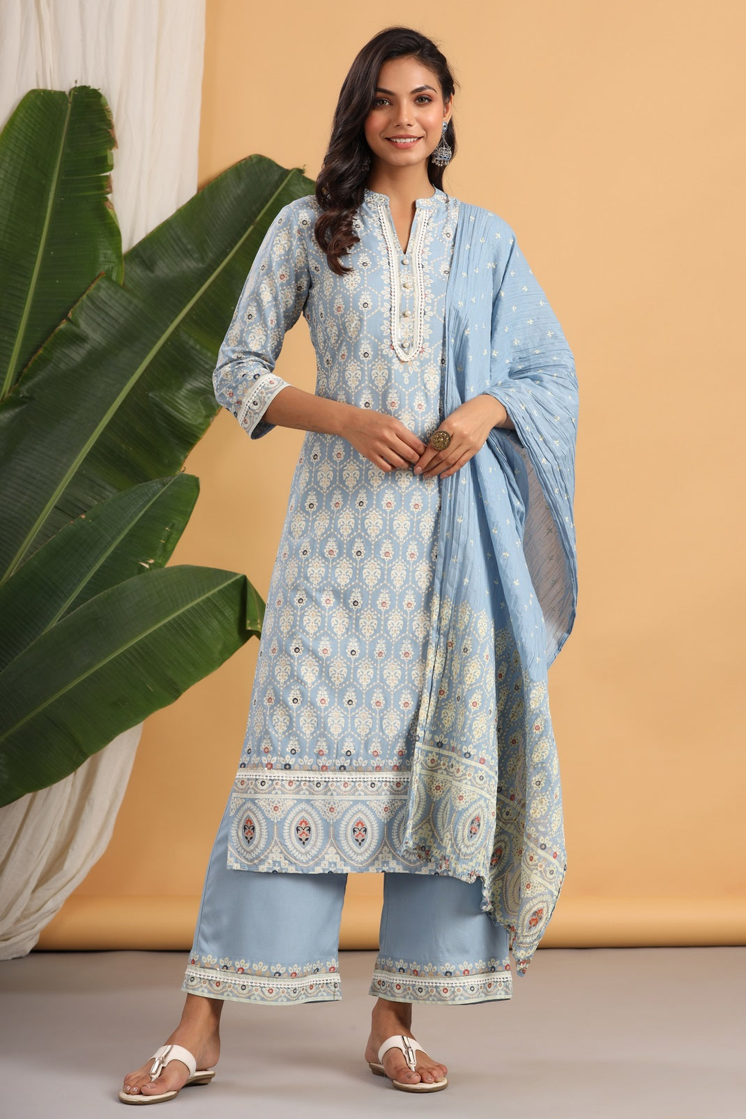 Powderblue Rayon Printed Straight Kurta Palazzo Dupatta Set