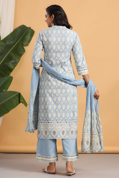 Powderblue Rayon Printed Straight Kurta Palazzo Dupatta Set
