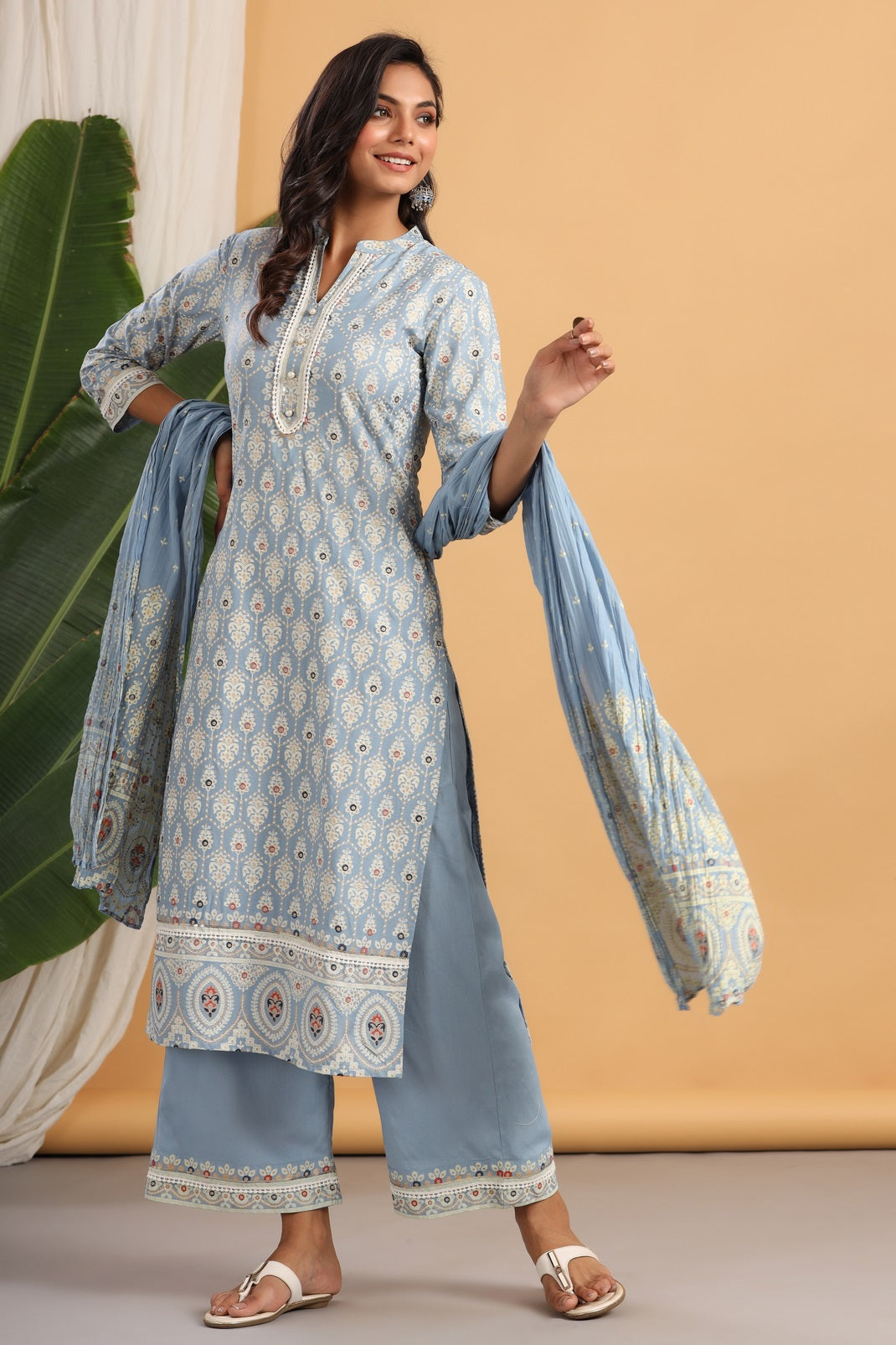 Powderblue Rayon Printed Straight Kurta Palazzo Dupatta Set