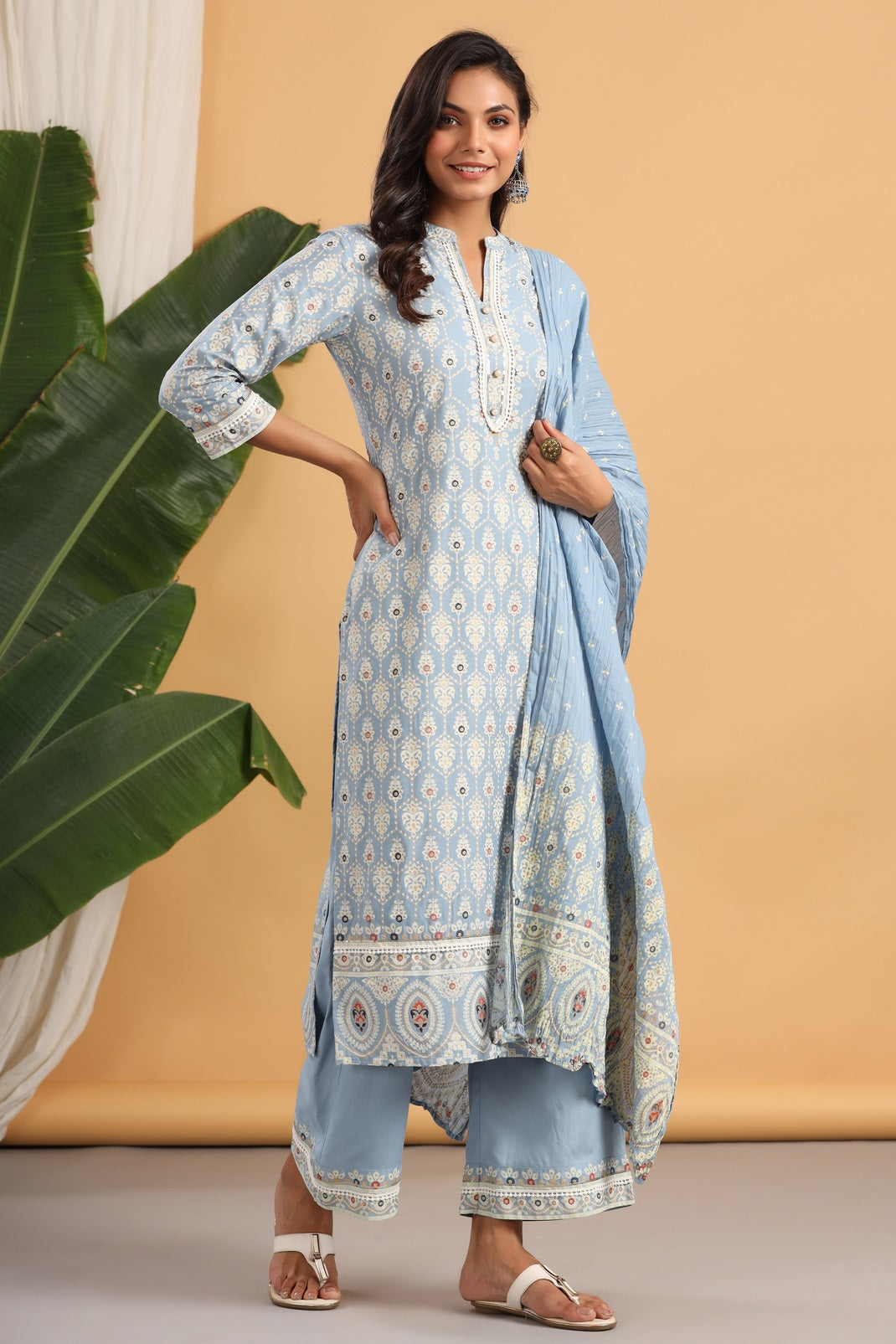 Powderblue Rayon Printed Straight Kurta Palazzo Dupatta Set