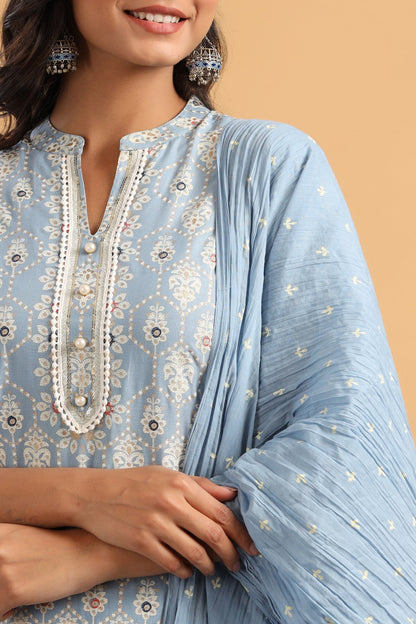 Powderblue Rayon Printed Straight Kurta Palazzo Dupatta Set