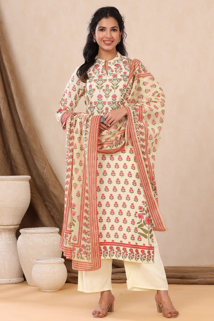 Ivory Rayon Printed Straight Kurta Palazzo Dupatta Set
