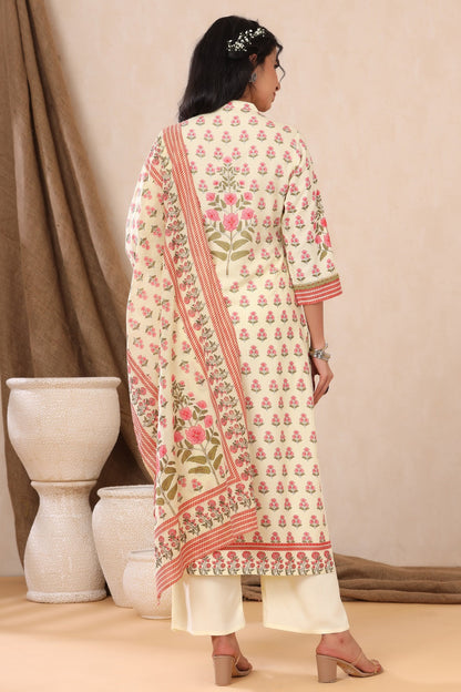 Ivory Rayon Printed Straight Kurta Palazzo Dupatta Set