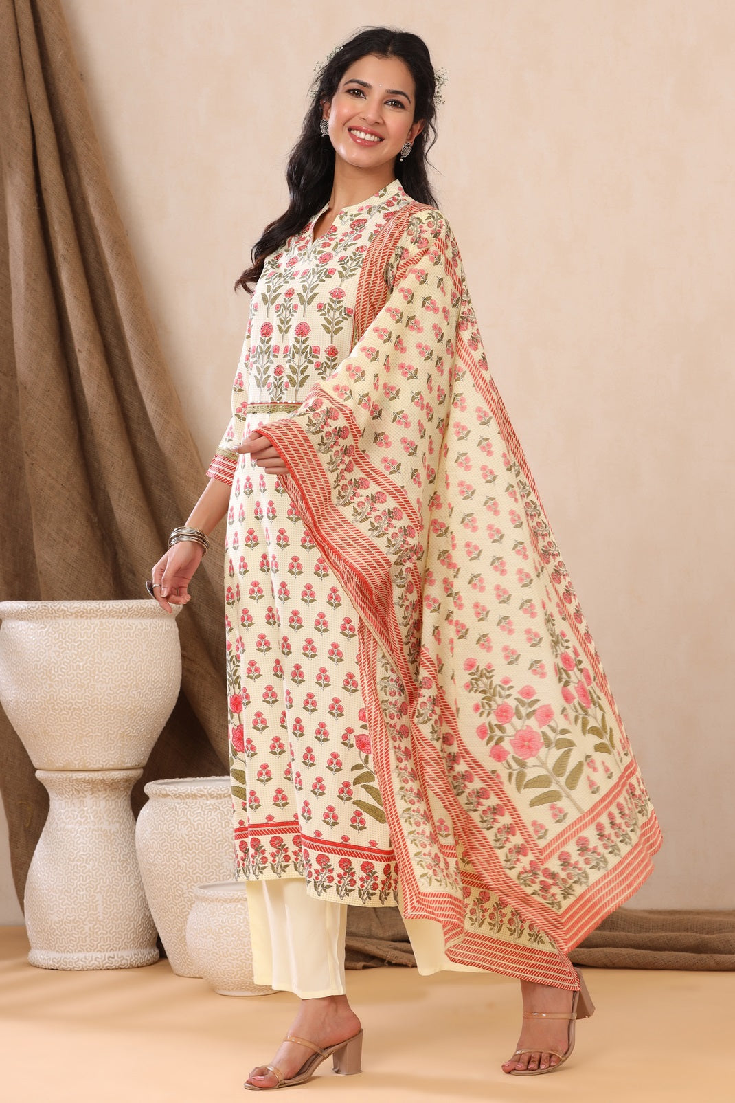 Ivory Rayon Printed Straight Kurta Palazzo Dupatta Set