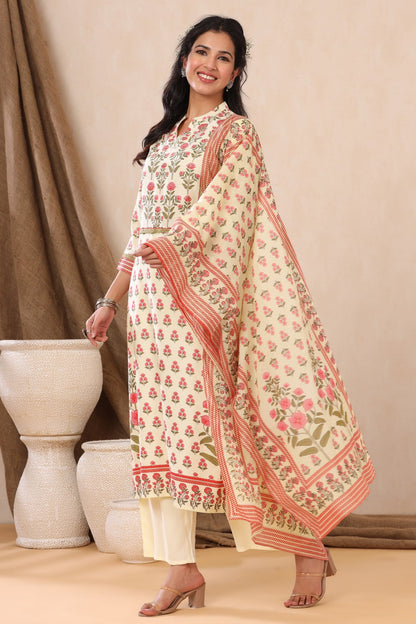 Ivory Rayon Printed Straight Kurta Palazzo Dupatta Set