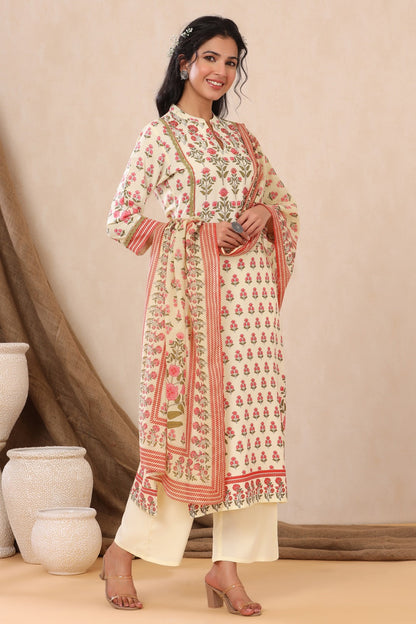 Ivory Rayon Printed Straight Kurta Palazzo Dupatta Set