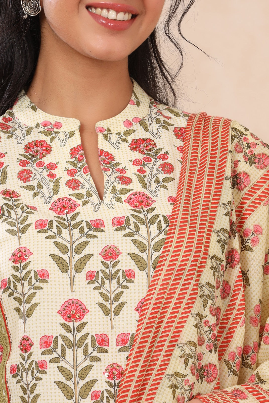 Ivory Rayon Printed Straight Kurta Palazzo Dupatta Set